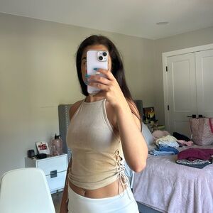 American Eagle cream halter neck suede top with laced up sides